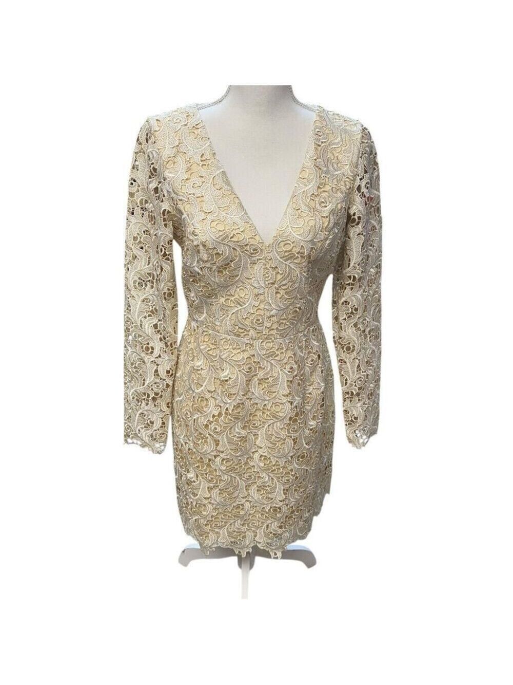 Dress the Population Women's BeigeLace V-Neck Knee Length Dress NWOT Size M